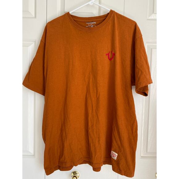 True Religion World Tour Mens t-shirt 2X XXL ss orange embroidered 100% cotton - Picture 2 of 7